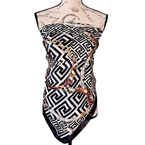 Satin square scarf Equestrian bridle Horse black white retro hair neck 💖2/$30 - Picture 5 of 14